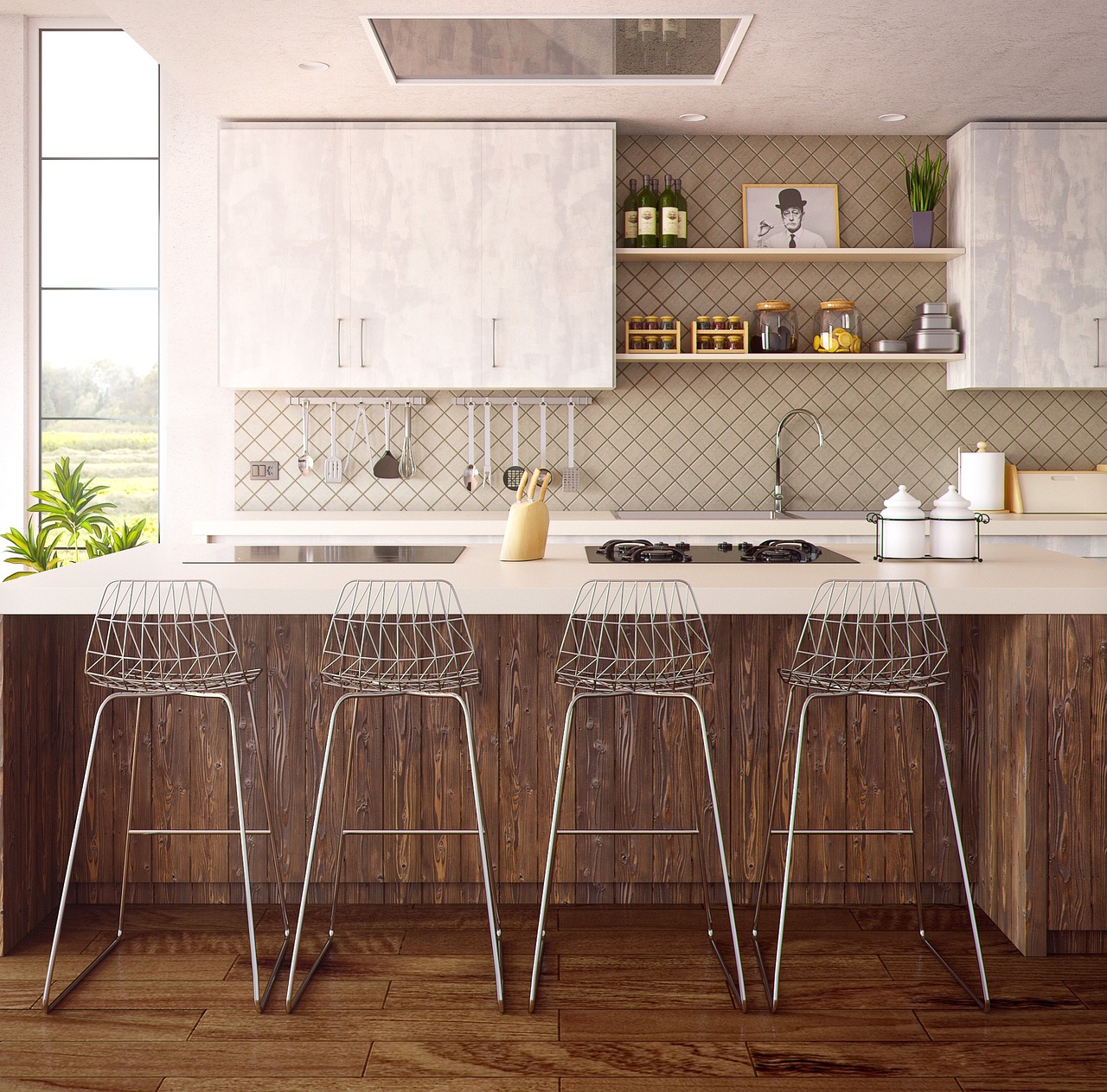 Finished kitchen showing quality cabinets, countertops, lighting, and flooring in a residential home